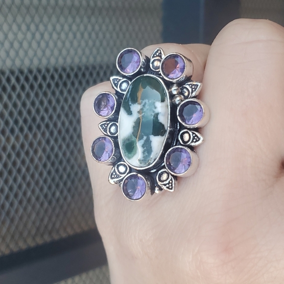 New Tree Agate and Amethyst 925 Silver Statement Ring. - Picture 7 of 16